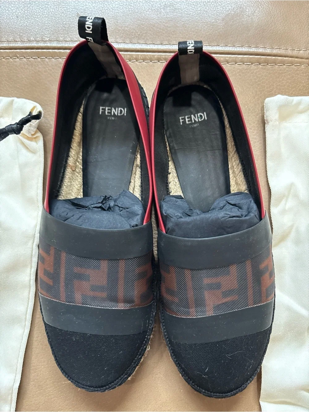 Fendi Black and Red Logo-Panel Espadrille Flats size 36 6